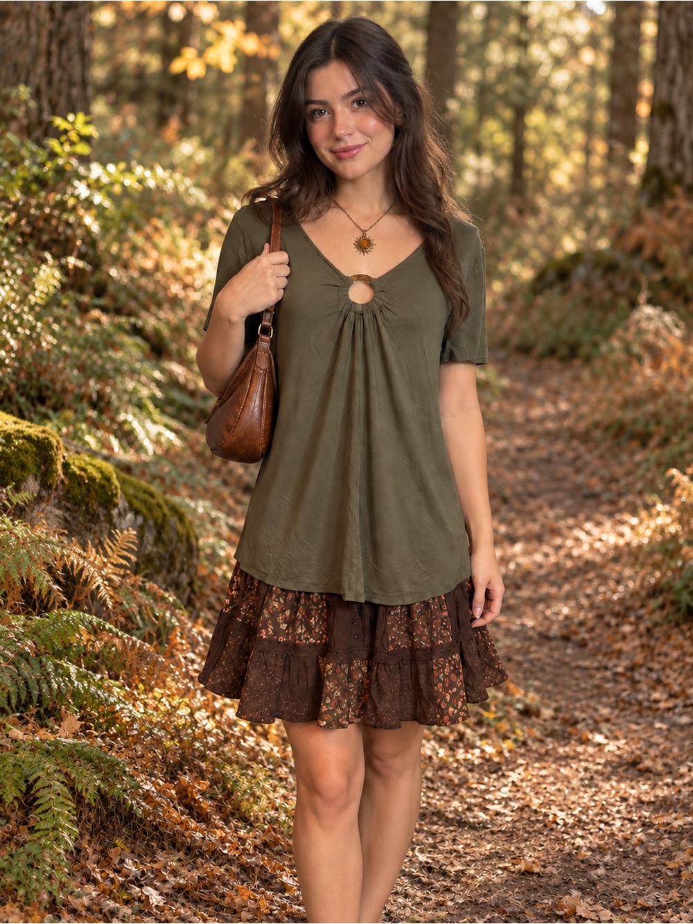 24/7 Madness Olive Green Ring Keyhole Flowy Tunic Top Size S